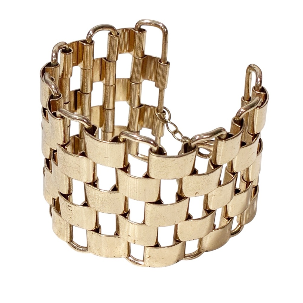 Track Link Square Checker Grid MCM Gold Tone Statement Bracelet